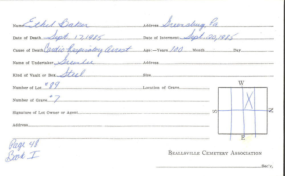 Ethel Baker burial card